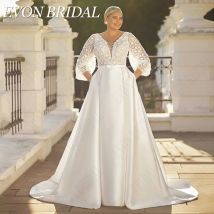 Evon Braut V-Ausschnitt plus Größe Brautkleider für Frauen Puff ärmel Pailletten Brautkleid mit Taschen klassische Satin BrautkleiderEVON BRIDAL V-Ausschnitt Plus Größe Brautkleider für Frauen Puff