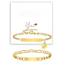 Personalized Matching Bracelet Couples, Stainless Steel Figaro Cuban Chain Link, Heart Danglin Engraving ID Bracelets