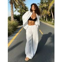 Bornladies Cotton Casual Pants Sets Women's Solid Color Cozy Lapel Long Sleeve Shirt Summer Outfit Elastic Waist Pants Suits