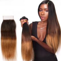 100% Ombre Malaysian Silky Straight Hair With Closure Blond Ombre Human Hair Bundles With Lace Closure 3 Toned T1B/4/30 T1B/4/27