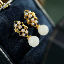 New silver with natural Hotan jade round bead long earrings Chinese style retro minority design Pearl Charm lady luxury jewelry