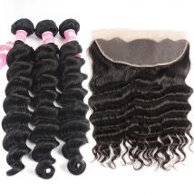 Ali Pearl Loose Deep Wave Bundles With Frontal Malaysian Human Hair Bundles With Lace Frontal Closure 3PCS Remy Hair Extensions