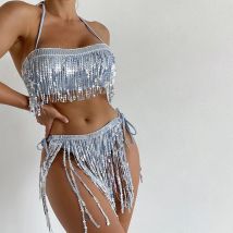Sequin Tassels Bikini Sexy Swimsuit Halter Swimwear Bathing Suit Women Bling Micro Bikini Set Summer Brazilian Beachwear