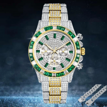 Chronograph 18K Plated Gold Watch for Men Full Diamond Mens Watches Hip Hop Iced Out Quartz Wristwatch Man Cuban Chain Bracelet