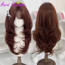 Synthetic Wig Long Straight Layered Wig Brown 26 Inch Wig With Bangs Daily Women Party Cosplay Wig Fashion Heat Resistant Wig