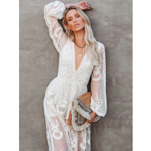 Summer Lace Long Dress Women Bohemian Embroidered Maxi Dress Female V Neck Hollow Out Long White Casual Holiday Dress