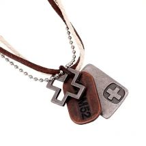 Tag Cross Pendant Necklace Women Vintage Handmade Genuine Leather Chains Choker Necklace for Men Jewelry