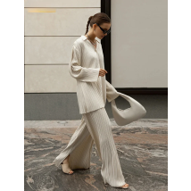 Clacive Fashion Long Sleeve Blouses Womens Two Peice Sets Casual Loose Slit Wide Trouser Suits Elegant White Pleated Female Set