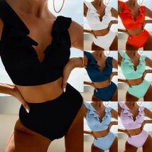 2025 Women's Sexy High Waist Swimsuit Ruffle Bikinis Push Up Bikinis Set Summer Beach Wear Bathing Suit Female Solid Swimwear