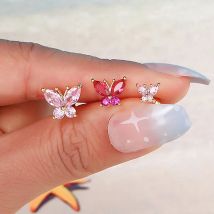 1pc Aesthetic Butterflu Earrings Pink Rend Zircon Kpop Fashion New Gold Color Screw Ear Stud Helix Piercing Cartilage Jewelry