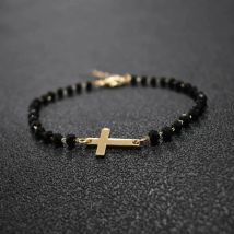 2020 New Design Rosary Style Sideways Cross Bracelet Black Beades Gold Color Chain Bracelets for Women Girls