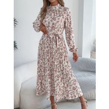 Floral Stand Up Collar Bridesmaid Dress 2026 Spring Summer Elegant Long Sleeve Waist Cinched Pleated Dresses Valentine's Day