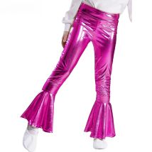 Kids Girls Shiny Metallic Flared Trousers Pants High Waist Ruffle Wide Leg Pants Retro 70s Disco Hippie Bell-Bottom Leggings