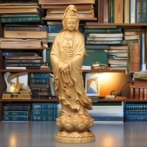 Natural Cypress Lotus Guanyin Small Statue  Chinese Buddha Statues Home Room Office Car Feng Shui Figure Statue Log Color4.71 in