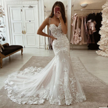 LORIE Ivory Mermaid Wedding Dresses Lace Appliques Tulle Bridal Gowns Train Sweetheart Spaghetti Straps Vintage Gown Customized