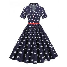 Tonval Notched Collar Button Up Star Print Summer Dress 2023 Women Short Sleeve Belted 50s 60s Pinup A-Line Vintage Dresses
