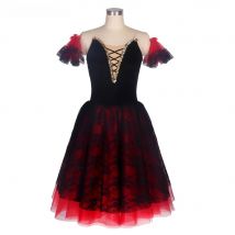 22138 New Spanish Long Ballet Tutu Romantic Tutu Black Top Bodice Blacke lace & Red Tulle Romantic Ballet Tutu Dancewear