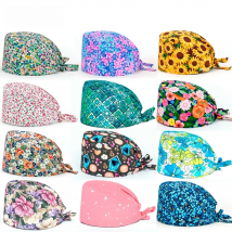 Flower printing Scrub Caps Dental Print Scrubs Hat 100% Cotton Women Men Dust Proof Vet Dentist  Working Hats Tie back cap