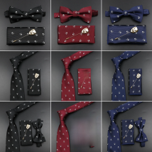 Fashion Men's Skull Tie Set New Design 8cm Polyester Suit Collar Bowtie Handkerchief Trendy Mask Brooch Luxury Wedding Accessory