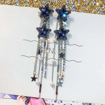 Silver Needle Long Dangle Earrings for Women Jewelry Blue Bling Star Rhinestone Female Drop Tassel Earrings