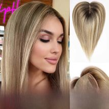 Brown Mixed Blonde Remy Human Hair Toppers Silk Base Clips in Straight 14 Inches Hairpieces Extension for Women 100% Human Hair