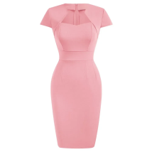 Summer Women Vintage Square Neck Dress Cap Sleeve Defined Waist Bodycon Dress Center Back Slit Design At The Base Of Hemline