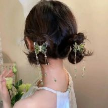 Retro Tassel Hair Claws Clip Small Green Butterfly Hairpin For Women Chinese Style Wedding Hair Jewelry Ponytail Holder Tiaras