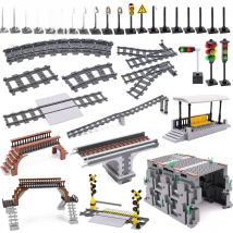 Marumine MOC City Train Railway Build Model Kit Soft Cruved Straight Tracks Traffic Light Tunnel Compatible 53401 Blocks Bricks