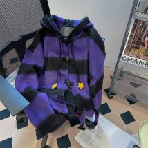 Korean retro purple striped hooded sweater women's autumn and winter new loose lazy wind horn buckle sweater coat
