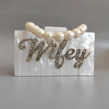 Women Pearl White  Silver Glitter Letter Name Wifey  Acrylic Evening Clutch Bag Ladies Chain Party Shoulder Purses And Handbag