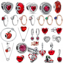 Red Series Christmas Apple Gift  Dangle Charms Beads 925 Sterling Silver Plated Fit Original Heart