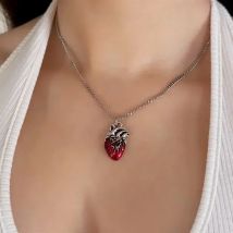 Gothic Rose Red Love Necklace Women's Y2K Grunge Jewelry Dainty Silver Color Tonebloody Human Heart Pendant Personalized Gifts