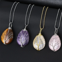 CSJA Tree of Life Crystals Necklace Pendant Water Drop Natural Stone Necklaces Wire Wrap Rose Amethysts Quartz Tiger Eye G953