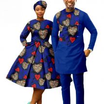 African Print Dresses for Women with Headwrap Matching Couple Outfits Men Patchwork Shirt and Pants Sets Africa Clothing Y22C075