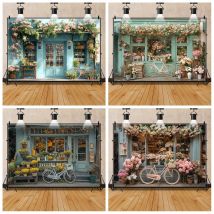 Bohemian Flowers Shop Floral Bicycle Backdrop Custom Kid Aldult Birthday Party Decor Portrait Photograph Background Photo Studio