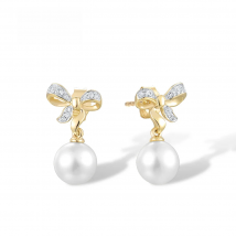 VISTOSO 9K 375 Yellow Gold Earrings For Women Fresh Water White Pearl Diamond Earrings Ribbon Elegant Trendy Gift Fine Jewelry