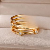 Zircon Multilayer Rings For Women Gold Color Stainless Steel Open Wide Engagement Wedding Ring Female Finger Jewelry 2024 New