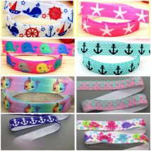 DHK 5/8'' 5yards Navy Anchor Fish Scale Whale Sea Animals Summer Printed Fold Elastic FOE Stretch Ribbon Headband DIY C1718