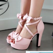 Plus Size Bowtie Women Platform Sandals High Chunky Heel Black Pink Casual Party Office Bridal Sexy Lady Ankle Cross Strap Shoes