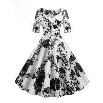 Half Sleeve Black Summer Women Dress Floral Print Vintage Party Dresses Robe Casual Retro A-Line Vestidos