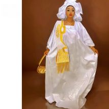African Traditional Wedding Bazin Riche Boubou And Scarf With Tassels White And Gold Embroidery Basin Dashiki Nigerian Dresses
