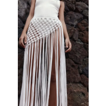 Beachapche Hand Crochet Tassel Maxi Skirts Women Fashion Sexy Side High Split Knitted Long Beach Cover Ups Casual