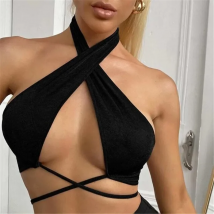 2024 Hot Sale Summer Chic Cropped Slim Streetwear Women's Bandage Halter Sexy Backless Crop Tops Black Tanks Tops Party Clubwear