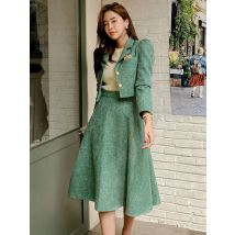 Fashion Women Office Outfit Stripe Vintage Lady Single Breasted Short Blazer Coat Suit Jacket High Waist Midi Skirt 2 Piece Sets