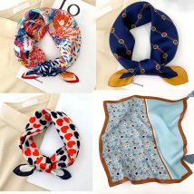 100% Pure Silk Scarf Women Neck Hair Band Foulard Square Small Headband 2025 Fashion Print Neckerchief Scarves Bandana 53*53cm