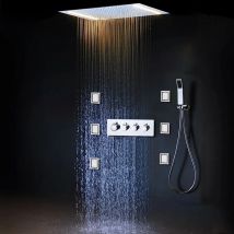 hm Modern LED Rain Shower System Set Bathroom Thermostatic Mixer Faucets Ceiling Rainfall Shower Head With Massage Body Jets