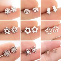 Korean Stainless Steel Flower Women Earrings Brincos Fashion Snowflake Rose Lotus Daisy Earings Piercing Jewelry Valentine Gifts