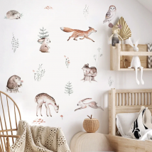 Cartoon Watercolor Woodland Animals Fox Owl Plant Wall Stickers for Kids Baby Room Play Room Nursery Wall Decals Home Decor