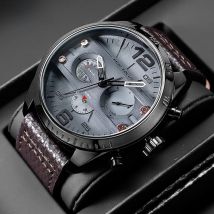 MINI FOCUS Men's Army Sports Quartz Watches Leather Strap Calendar Week Date Waterproof Wristwatch Man Clock Relogios 0068 Brown