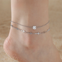 Lucktune Clover Pendant Anklets Women Stainless Steel Trendy Double Chains Foot Chain Sandals Anklet Boho Summer Beach Jewelry